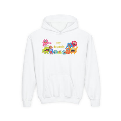 Youth Heavy Blend Hooded Sweatshirt - Colorful Monster Friends Printify