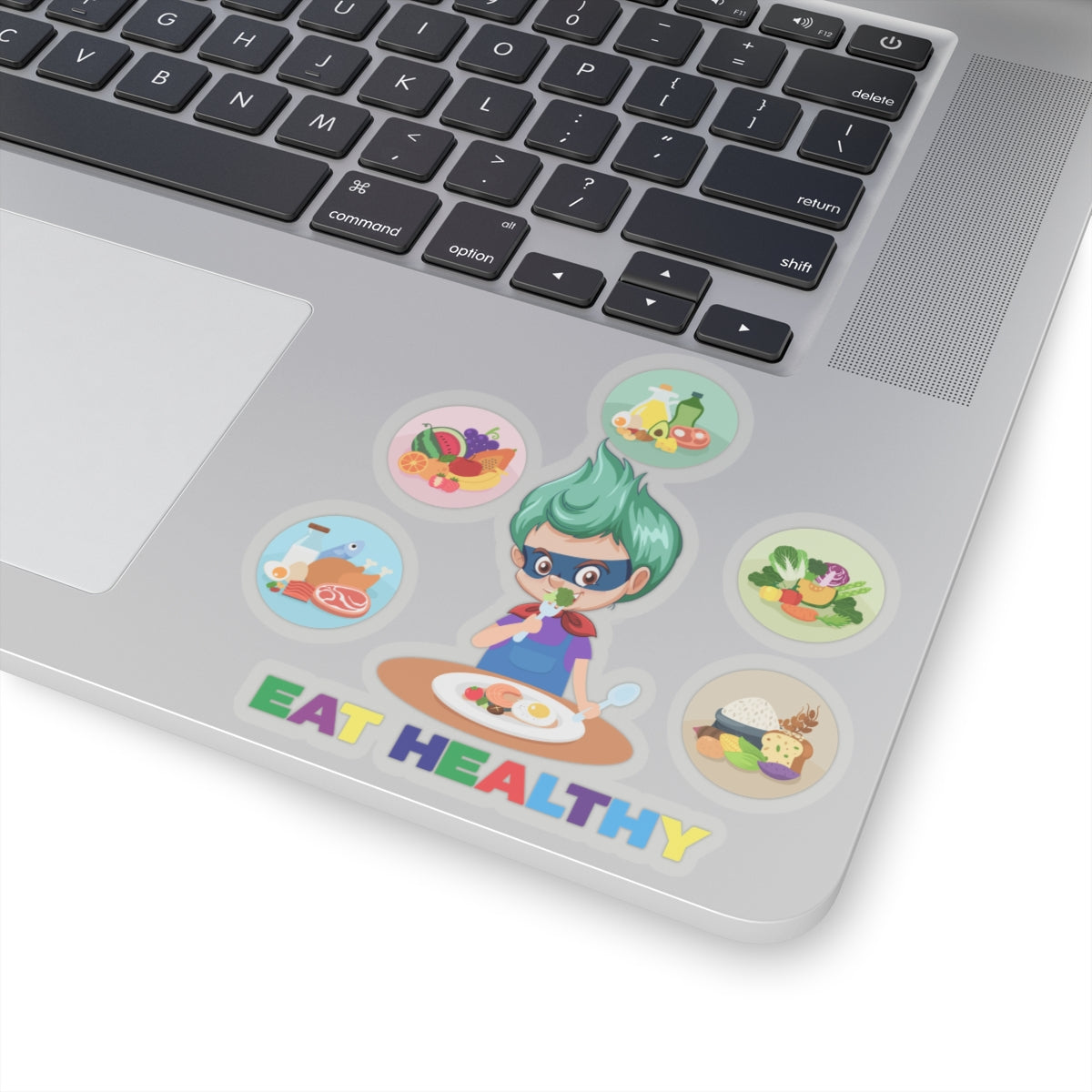 Kiss-Cut Stickers - Supper kiddo showing healthy food to eat - [[{"value":"Wonderwear Kid"}]]