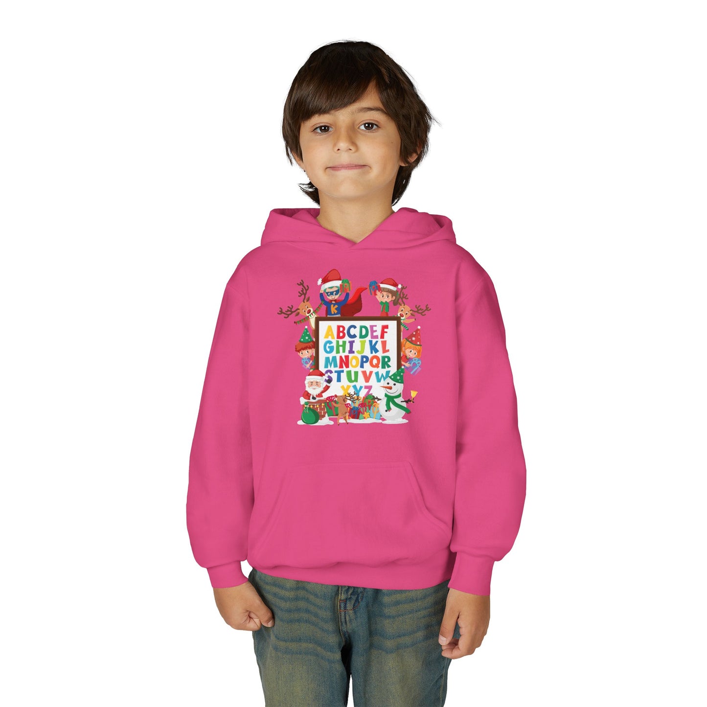 Youth Heavy Blend Hooded Sweatshirt - Christmas alphabet with super kiddo