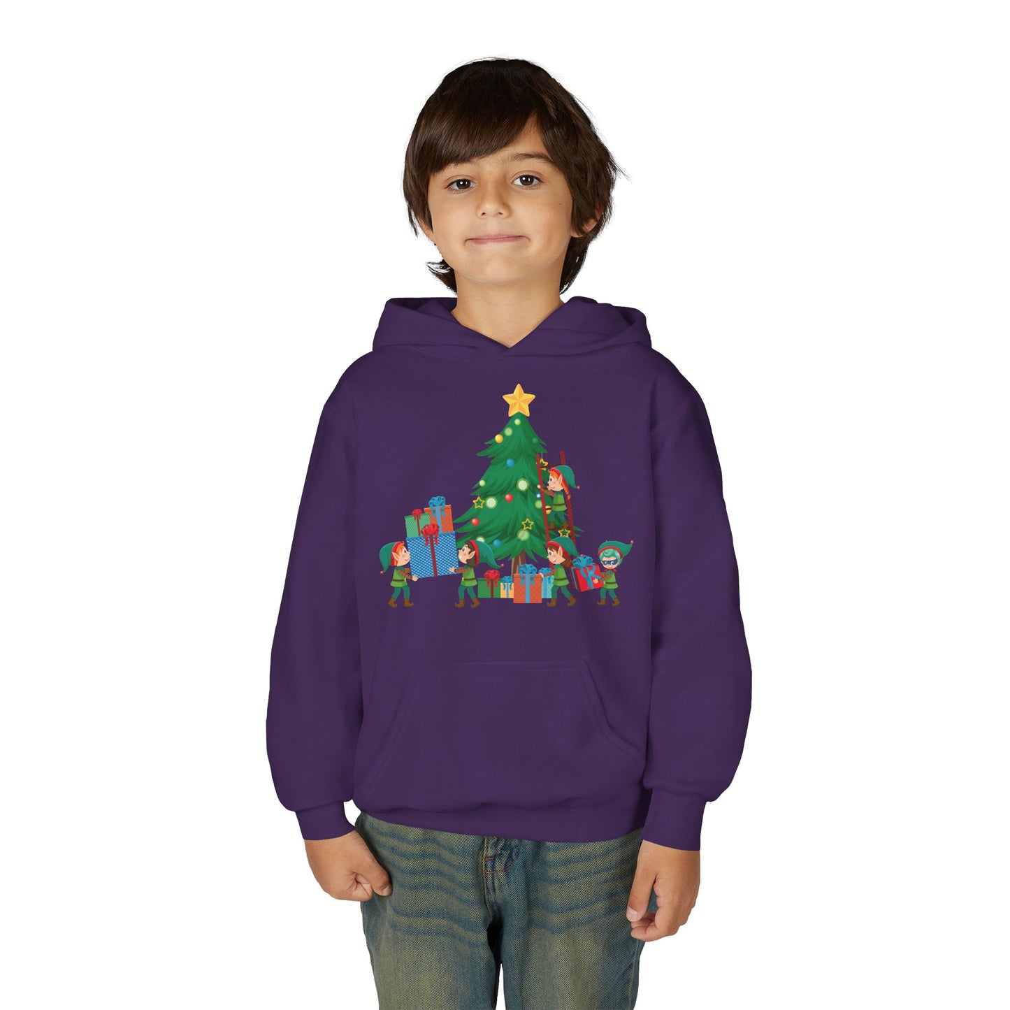 Youth Heavy Blend Hooded Sweatshirt - Super kiddo putting gifts on christmas tree
