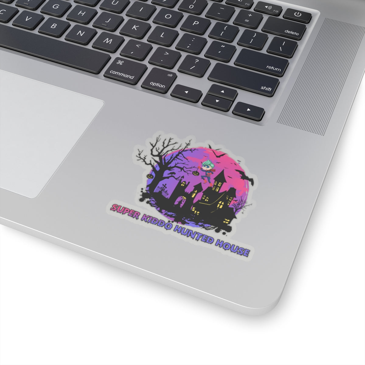Kiss-Cut Stickers - Super kiddo flying on hunted house - [[{"value":"Wonderwear Kid"}]]
