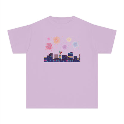 Youth Midweight Tee -  Super kiddo with fireworks - [[{"value":"Wonderwear Kid"}]]