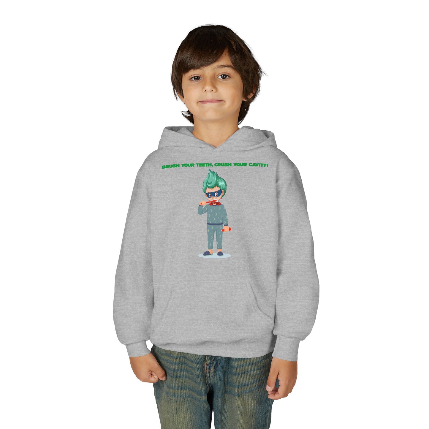 Youth Heavy Blend Hooded Sweatshirt - Super kiddo brushing teeth