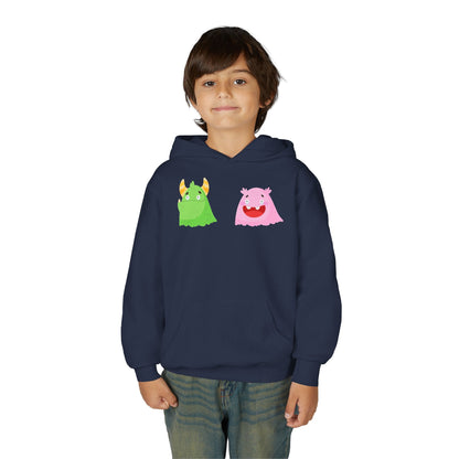 Youth Heavy Blend Hooded Sweatshirt - Green and pink monsters Printify