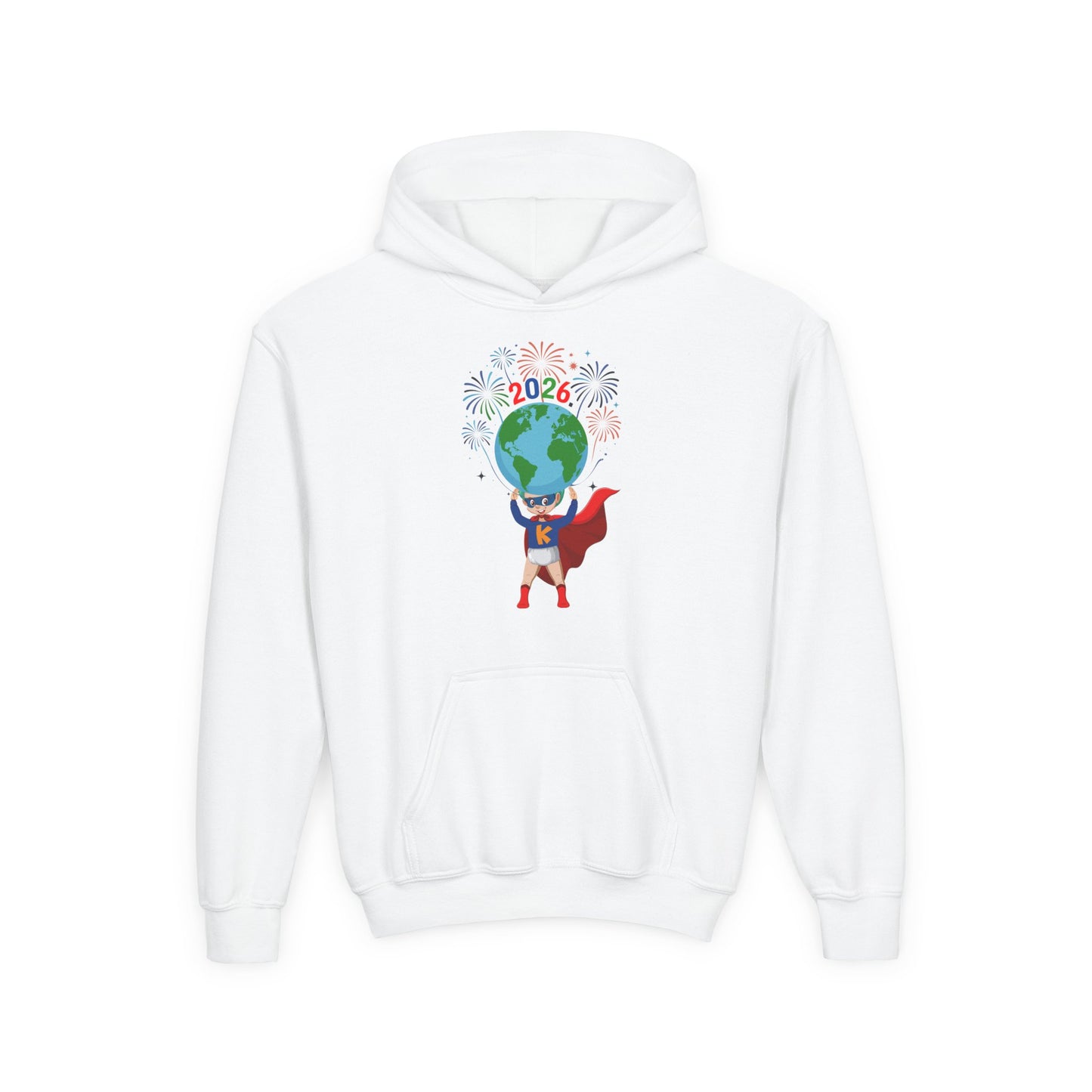 Youth Heavy Blend Hooded Sweatshirt - Super kiddo holding globe