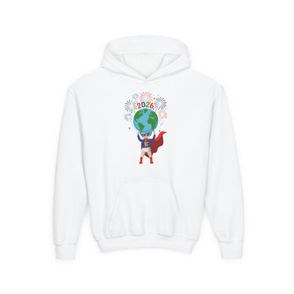 Youth Heavy Blend Hooded Sweatshirt - Super kiddo holding globe - [[{"value":"Wonderwear Kid"}]]