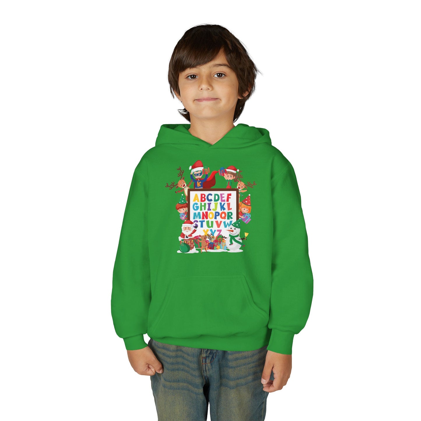 Youth Heavy Blend Hooded Sweatshirt - Christmas alphabet with super kiddo