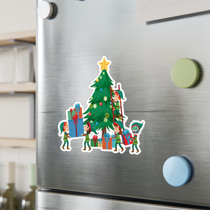 Christmas Kiss-Cut Vinyl Decals – Super kiddo putting gifts on christmas tree - [[{"value":"Wonderwear Kid"}]]