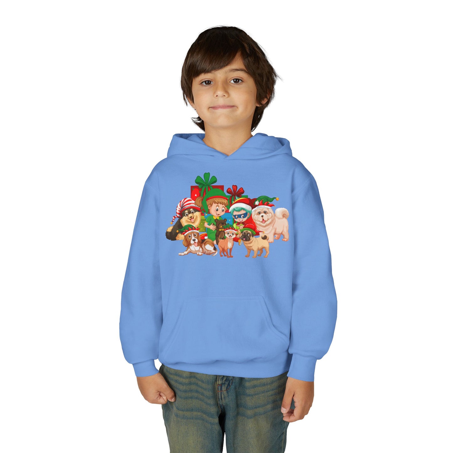 Youth Heavy Blend Hooded Sweatshirt - Christmas with super kiddo pet friends without text