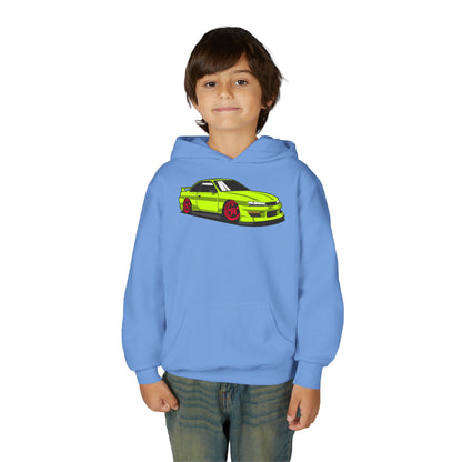 Youth Heavy Blend Hooded Sweatshirt - Yellow green race car Printify