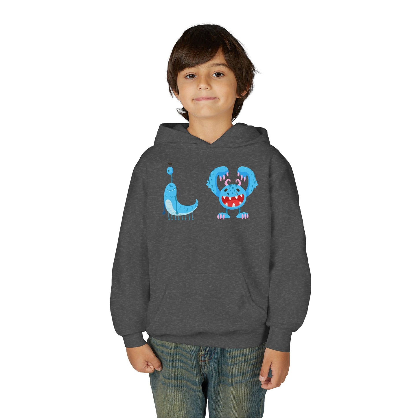 Youth Heavy Blend Hooded Sweatshirt - Happy toothy blue monsters