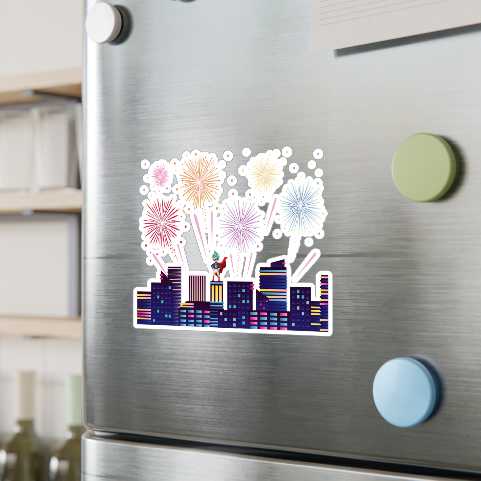 Christmas Kiss-Cut Vinyl Decals – Super kiddo with fireworks - [[{"value":"Wonderwear Kid"}]]