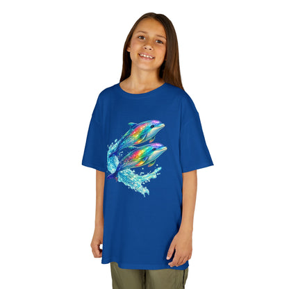Kids Heavy Cotton™ Tee - Iridescent porpoises swimming in glowing water