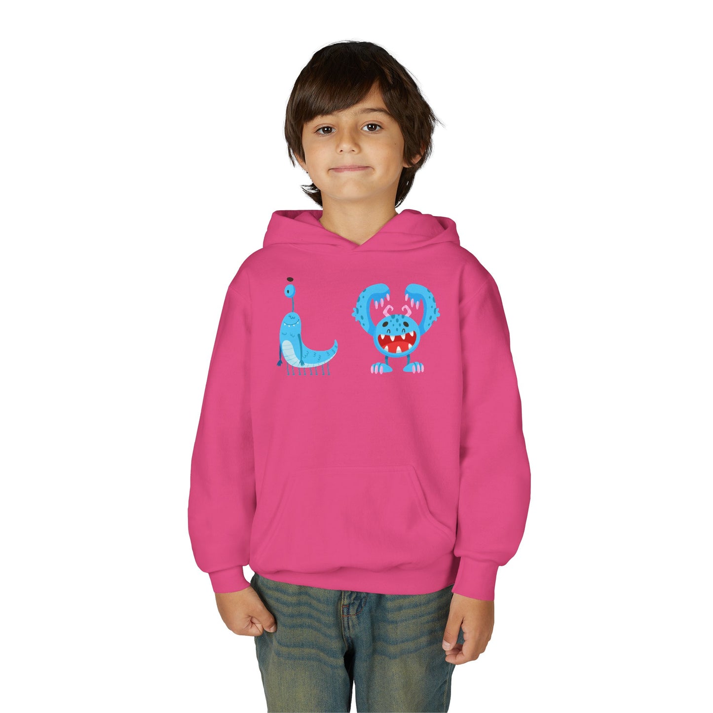 Youth Heavy Blend Hooded Sweatshirt - Happy toothy blue monsters