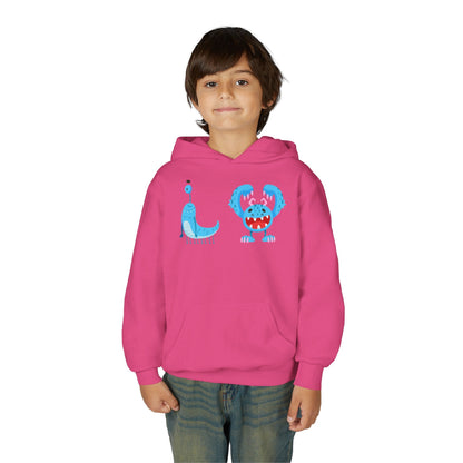 Youth Heavy Blend Hooded Sweatshirt - Happy toothy blue monsters Printify