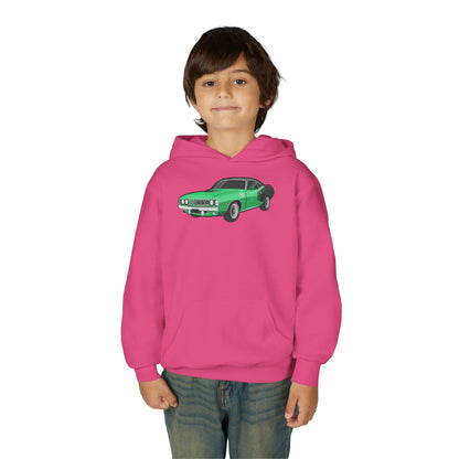 Youth Heavy Blend Hooded Sweatshirt - Vintage green car Printify