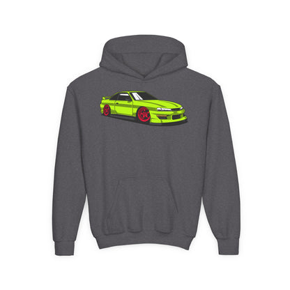 Youth Heavy Blend Hooded Sweatshirt - Yellow green race car Printify