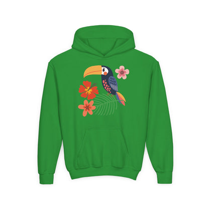 Youth hoodie with vibrant toucan bird design Printify