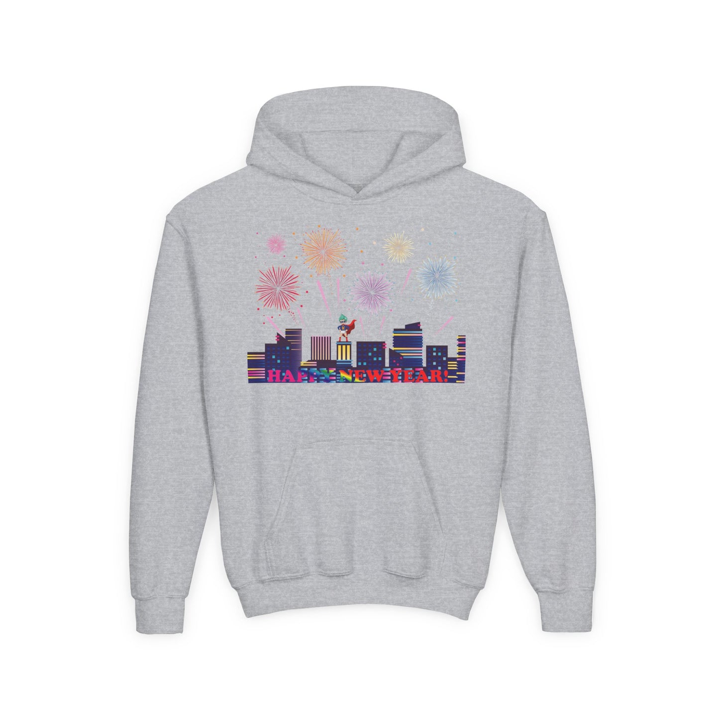 Youth Heavy Blend Hooded Sweatshirt - Super kiddo with fireworks with text