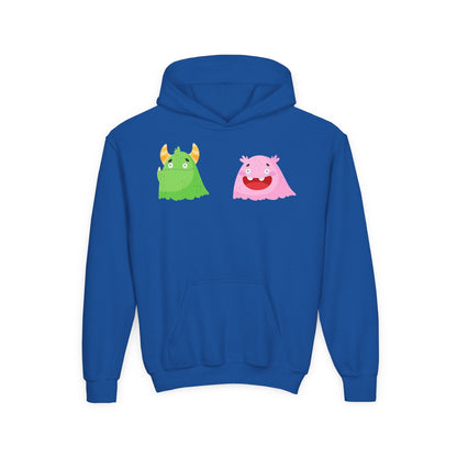 Youth Heavy Blend Hooded Sweatshirt - Green and pink monsters Printify