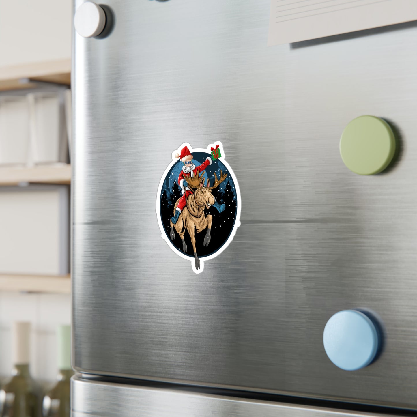 Christmas Kiss-Cut Vinyl Decals – Super kiddo riding a reindeer - [[{"value":"Wonderwear Kid"}]]