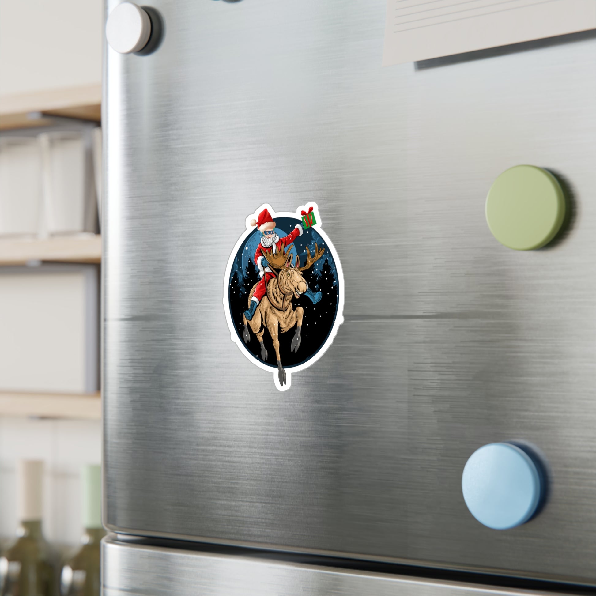 Christmas Kiss-Cut Vinyl Decals – Super kiddo riding a reindeer - [[{"value":"Wonderwear Kid"}]]