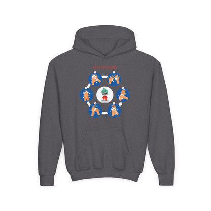 Youth Heavy Blend Hooded Sweatshirt - Super kiddo teaching how to wash hands - [[{"value":"Wonderwear Kid"}]]