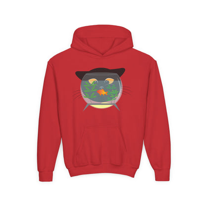 Youth Heavy Blend Hooded Sweatshirt -  Black cat and gold fish Printify