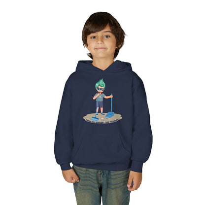 Youth Heavy Blend Hooded Sweatshirt - Super kiddo sweeping floor - [[{"value":"Wonderwear Kid"}]]