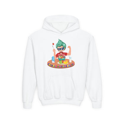 Youth Heavy Blend Hooded Sweatshirt - super kiddo eating healthy food - [[{"value":"Wonderwear Kid"}]]