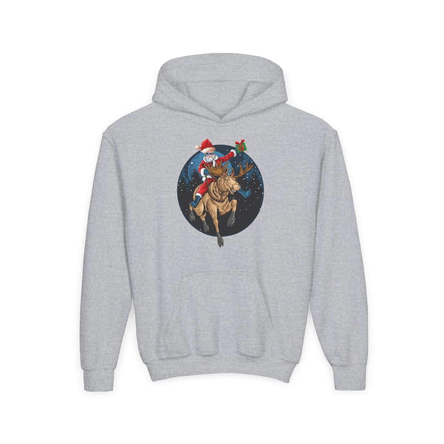 Youth Heavy Blend Hooded Sweatshirt - Super kiddo riding a reindeer