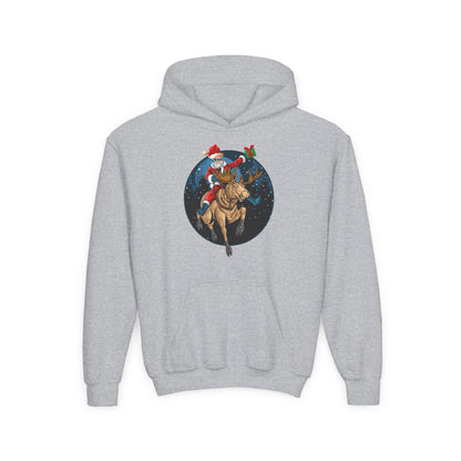Youth Heavy Blend Hooded Sweatshirt - Super kiddo riding a reindeer - [[{"value":"Wonderwear Kid"}]]