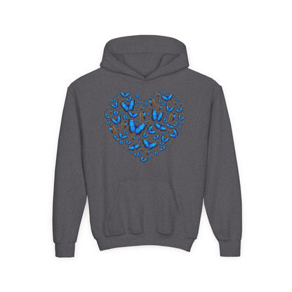 Youth Heavy Blend Hooded Sweatshirt -  Heart shape blue morpho butterfly Printify
