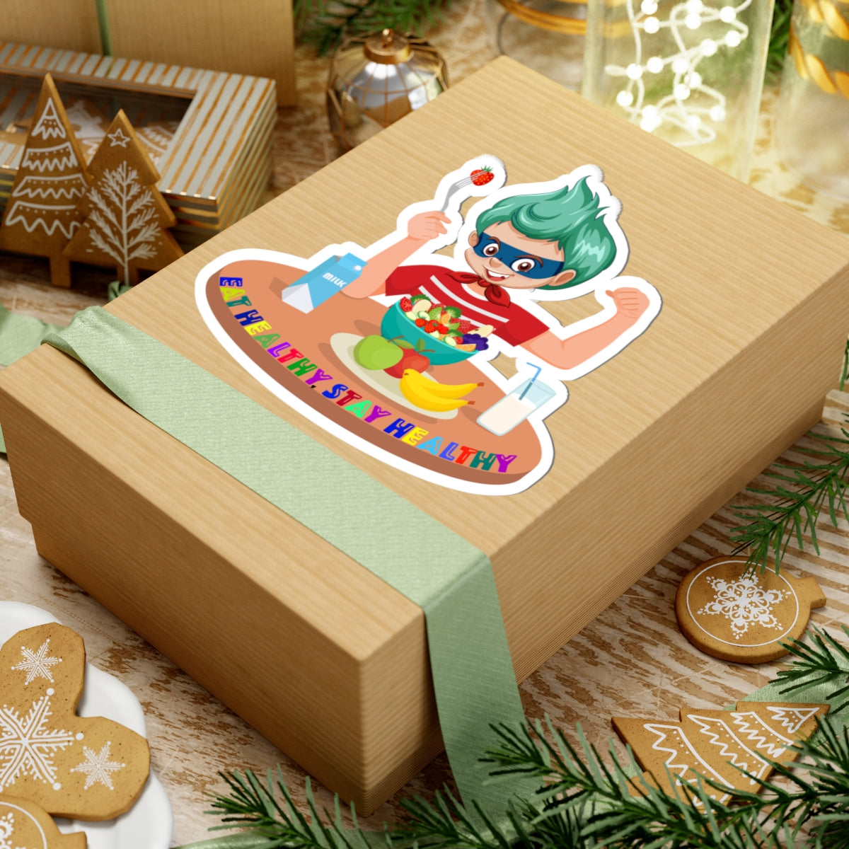 Kiss-Cut Stickers - super kiddo eating healthy food - [[{"value":"Wonderwear Kid"}]]