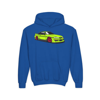 Youth Heavy Blend Hooded Sweatshirt - Yellow green race car Printify