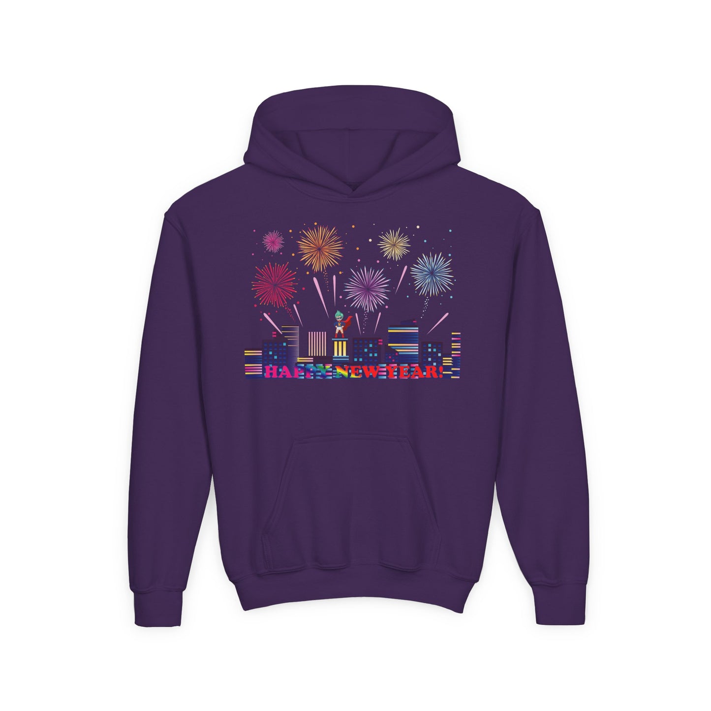 Youth Heavy Blend Hooded Sweatshirt - Super kiddo with fireworks with text