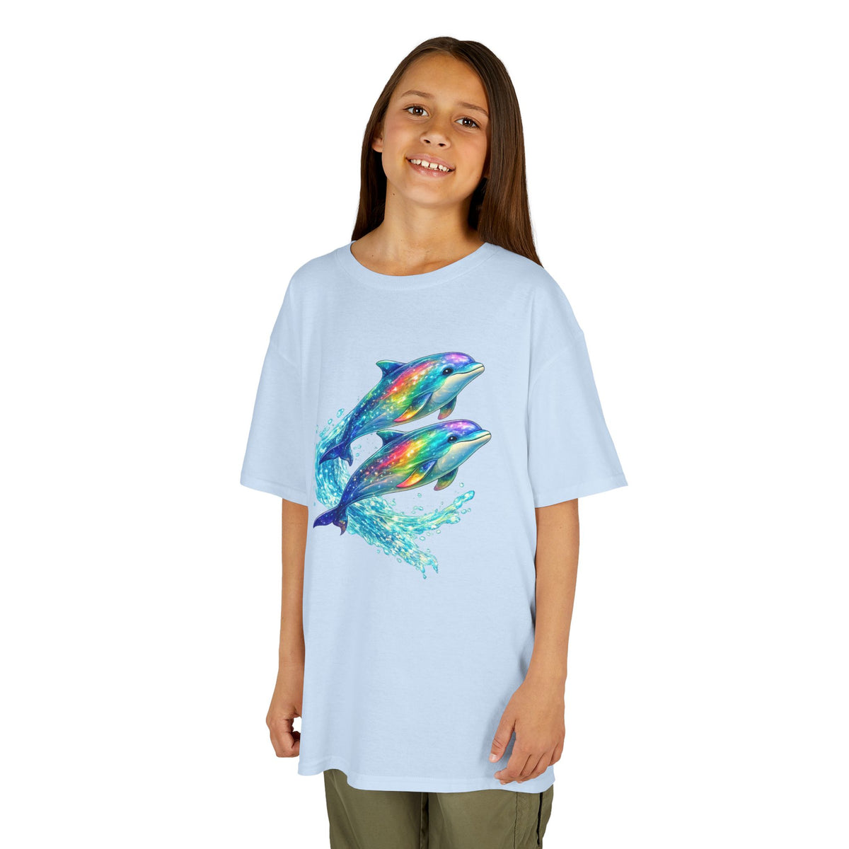 Kids Heavy Cotton™ Tee - Iridescent porpoises swimming in glowing water