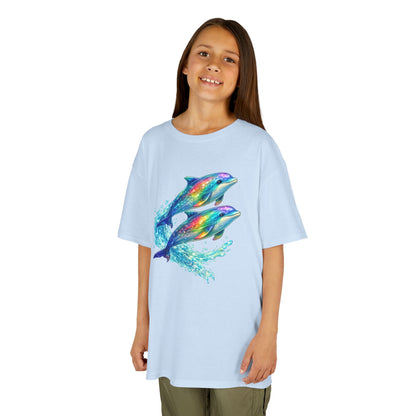 Kids Heavy Cotton™ Tee - Iridescent porpoises swimming in glowing water