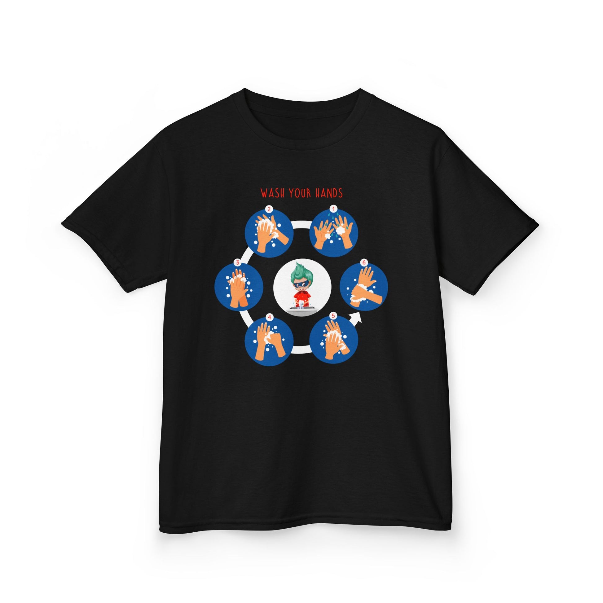 Kids Heavy Cotton™ Tee - Super kiddo teaching how to wash hands - [[{"value":"Wonderwear Kid"}]]