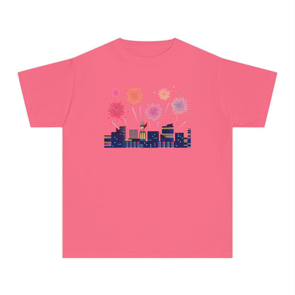 Youth Midweight Tee -  Super kiddo with fireworks - [[{"value":"Wonderwear Kid"}]]