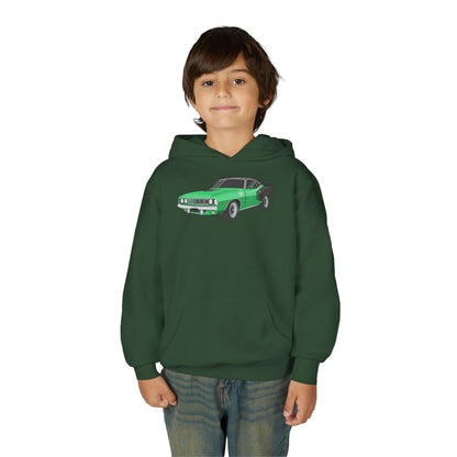 Youth Heavy Blend Hooded Sweatshirt - Vintage green car Printify