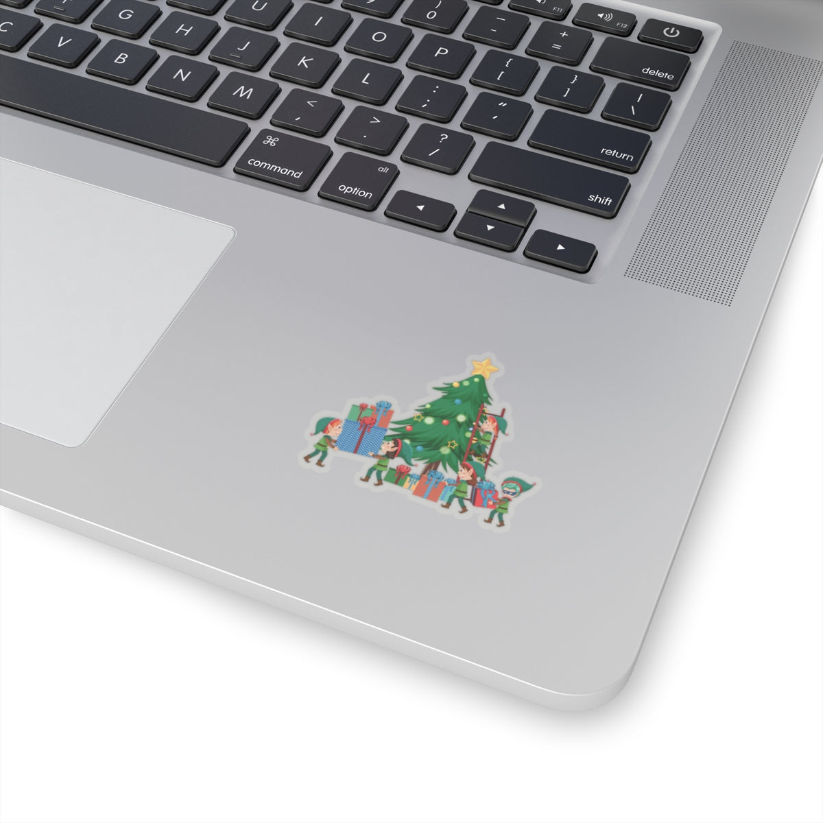 Kiss-Cut Stickers - Super kiddo putting gifts on christmas tree - [[{"value":"Wonderwear Kid"}]]