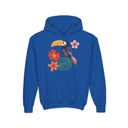 Youth hoodie with vibrant toucan bird design Printify