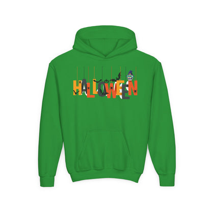 Youth Heavy Blend Hooded Sweatshirt - Holloween hanging letters Printify