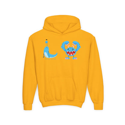 Youth Heavy Blend Hooded Sweatshirt - Happy toothy blue monsters Printify