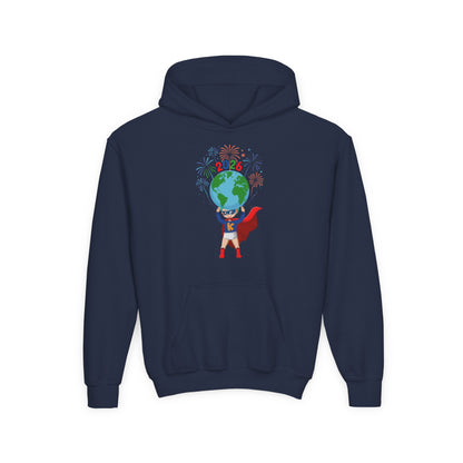 Youth Heavy Blend Hooded Sweatshirt - Super kiddo holding globe - [[{"value":"Wonderwear Kid"}]]