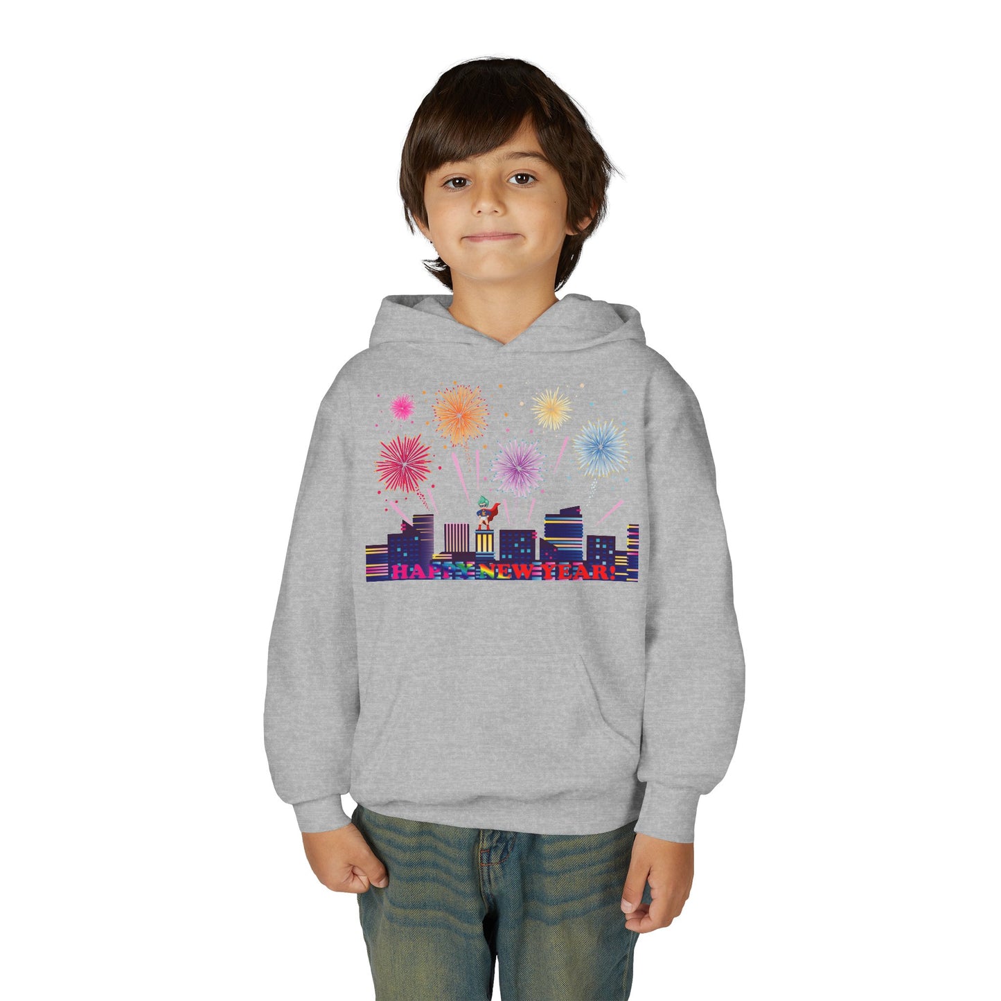 Youth Heavy Blend Hooded Sweatshirt - Super kiddo with fireworks with text