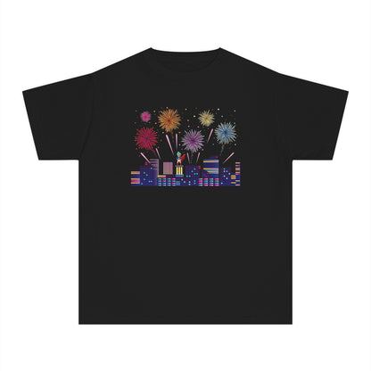 Youth Midweight Tee -  Super kiddo with fireworks - [[{"value":"Wonderwear Kid"}]]