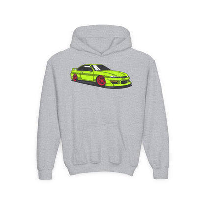 Youth Heavy Blend Hooded Sweatshirt - Yellow green race car Printify