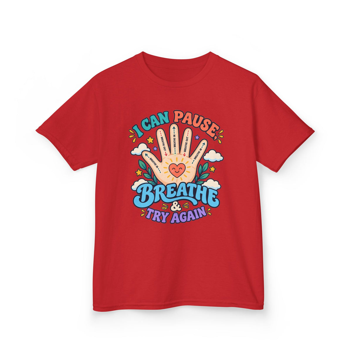Kids Heavy Cotton™ Tee - Pause, Breathe, Try Again Hand Guide